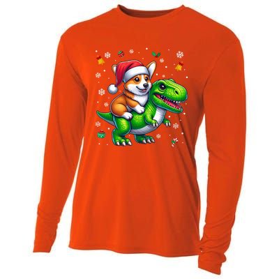 Funny Christmas Corgi Riding Dinosaur Santa Hat Snowflakes Gift Cooling Performance Long Sleeve Crew