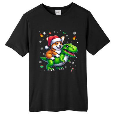 Funny Christmas Corgi Riding Dinosaur Santa Hat Snowflakes Gift Tall Fusion ChromaSoft Performance T-Shirt