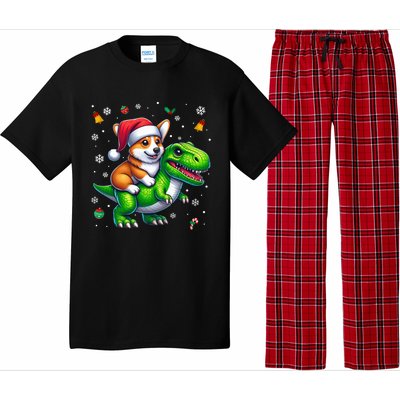 Funny Christmas Corgi Riding Dinosaur Santa Hat Snowflakes Gift Pajama Set