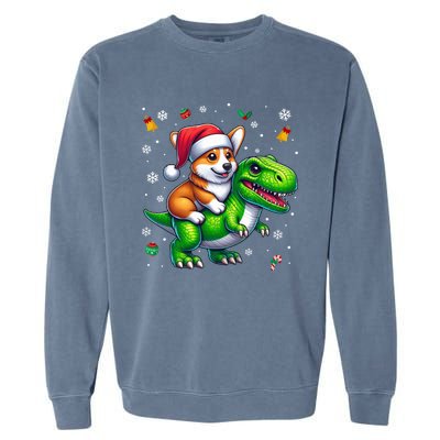 Funny Christmas Corgi Riding Dinosaur Santa Hat Snowflakes Gift Garment-Dyed Sweatshirt