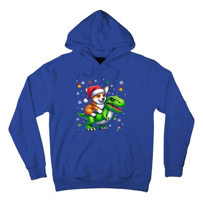 Funny Christmas Corgi Riding Dinosaur Santa Hat Snowflakes Gift Hoodie