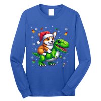 Funny Christmas Corgi Riding Dinosaur Santa Hat Snowflakes Gift Long Sleeve Shirt