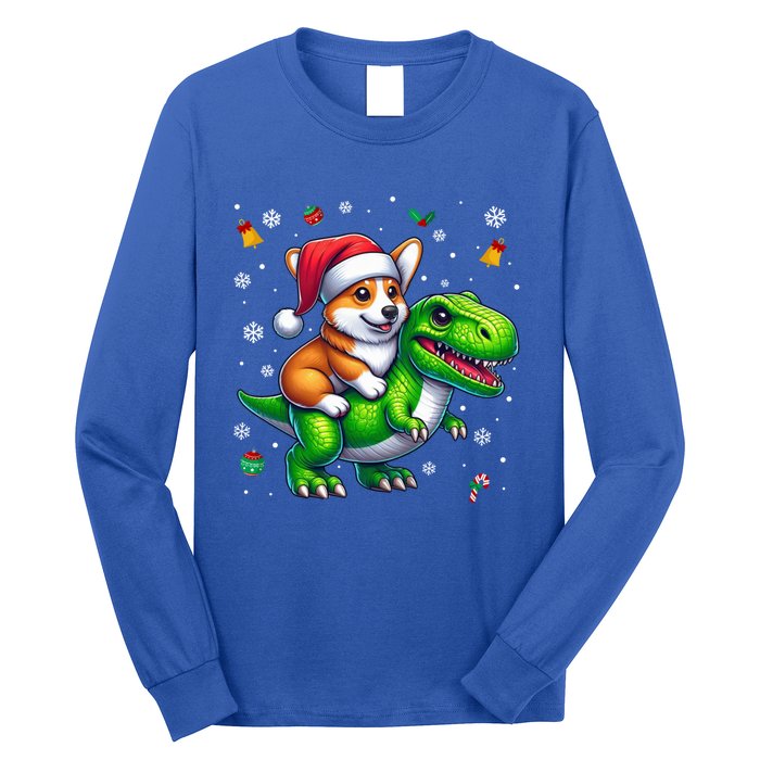 Funny Christmas Corgi Riding Dinosaur Santa Hat Snowflakes Gift Long Sleeve Shirt