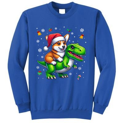 Funny Christmas Corgi Riding Dinosaur Santa Hat Snowflakes Gift Sweatshirt