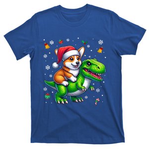 Funny Christmas Corgi Riding Dinosaur Santa Hat Snowflakes Gift T-Shirt