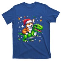 Funny Christmas Corgi Riding Dinosaur Santa Hat Snowflakes Gift T-Shirt