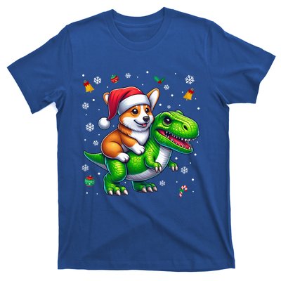 Funny Christmas Corgi Riding Dinosaur Santa Hat Snowflakes Gift T-Shirt