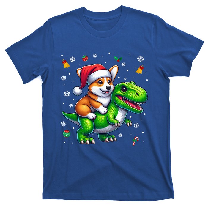 Funny Christmas Corgi Riding Dinosaur Santa Hat Snowflakes Gift T-Shirt