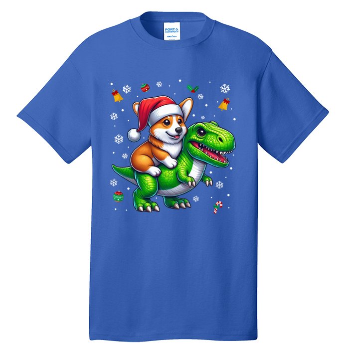 Funny Christmas Corgi Riding Dinosaur Santa Hat Snowflakes Gift Tall T-Shirt