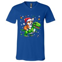 Funny Christmas Corgi Riding Dinosaur Santa Hat Snowflakes Gift V-Neck T-Shirt