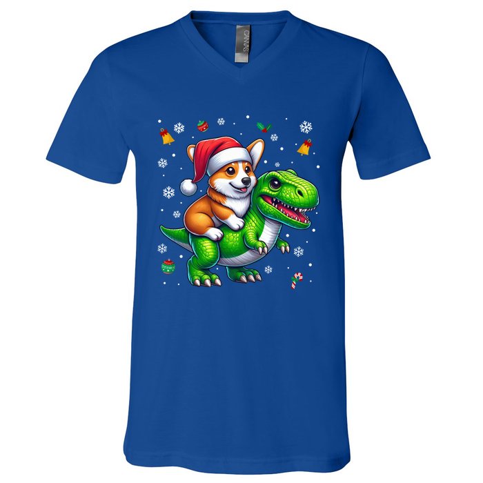 Funny Christmas Corgi Riding Dinosaur Santa Hat Snowflakes Gift V-Neck T-Shirt