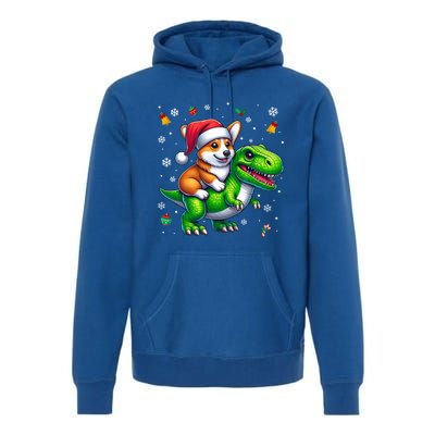 Funny Christmas Corgi Riding Dinosaur Santa Hat Snowflakes Gift Premium Hoodie