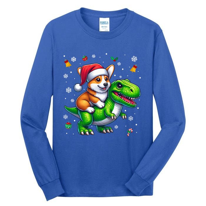 Funny Christmas Corgi Riding Dinosaur Santa Hat Snowflakes Gift Tall Long Sleeve T-Shirt