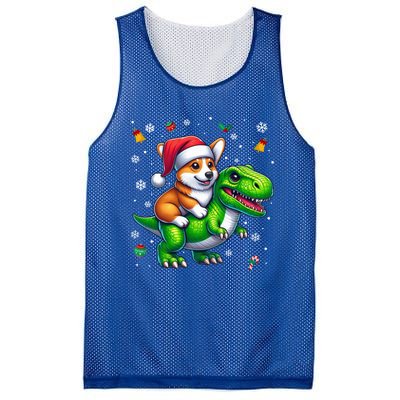 Funny Christmas Corgi Riding Dinosaur Santa Hat Snowflakes Gift Mesh Reversible Basketball Jersey Tank