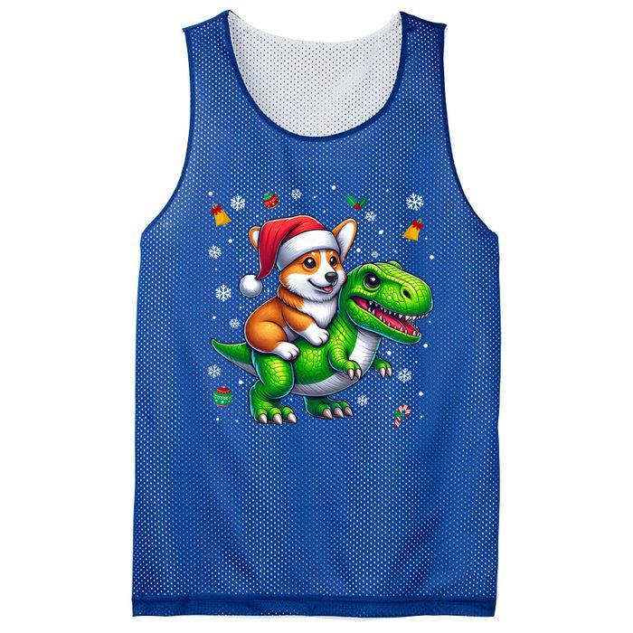 Funny Christmas Corgi Riding Dinosaur Santa Hat Snowflakes Gift Mesh Reversible Basketball Jersey Tank