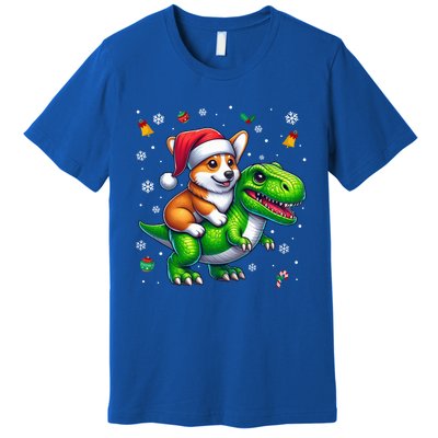 Funny Christmas Corgi Riding Dinosaur Santa Hat Snowflakes Gift Premium T-Shirt