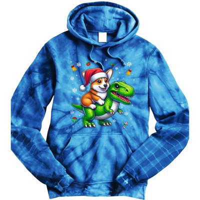 Funny Christmas Corgi Riding Dinosaur Santa Hat Snowflakes Gift Tie Dye Hoodie