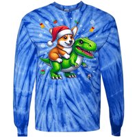 Funny Christmas Corgi Riding Dinosaur Santa Hat Snowflakes Gift Tie-Dye Long Sleeve Shirt