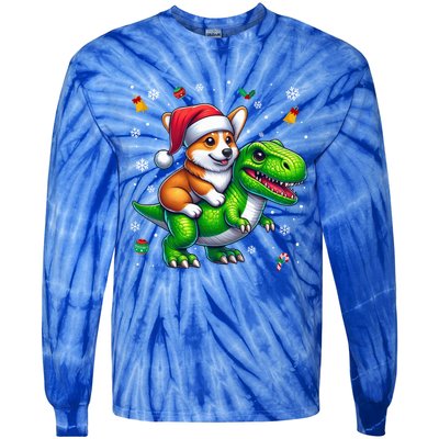 Funny Christmas Corgi Riding Dinosaur Santa Hat Snowflakes Gift Tie-Dye Long Sleeve Shirt