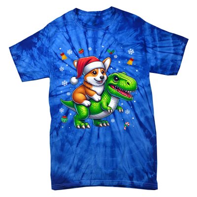 Funny Christmas Corgi Riding Dinosaur Santa Hat Snowflakes Gift Tie-Dye T-Shirt