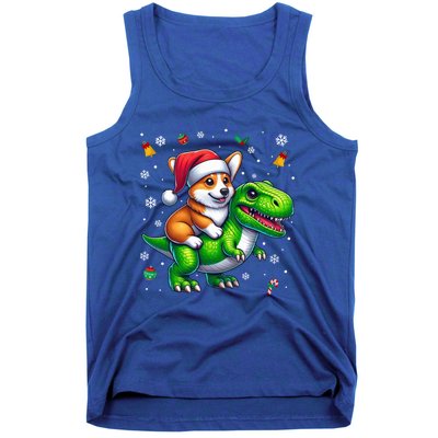 Funny Christmas Corgi Riding Dinosaur Santa Hat Snowflakes Gift Tank Top