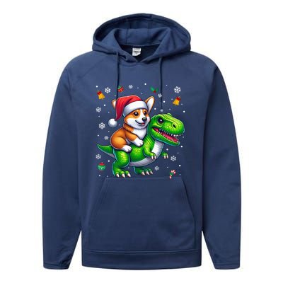 Funny Christmas Corgi Riding Dinosaur Santa Hat Snowflakes Gift Performance Fleece Hoodie