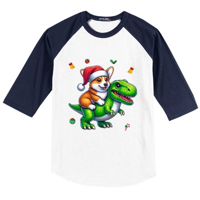 Funny Christmas Corgi Riding Dinosaur Santa Hat Snowflakes Gift Baseball Sleeve Shirt