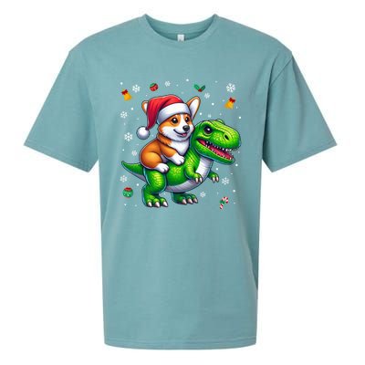 Funny Christmas Corgi Riding Dinosaur Santa Hat Snowflakes Gift Sueded Cloud Jersey T-Shirt