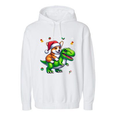 Funny Christmas Corgi Riding Dinosaur Santa Hat Snowflakes Gift Garment-Dyed Fleece Hoodie