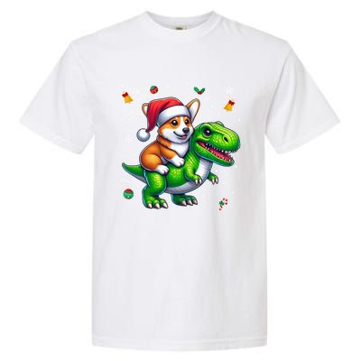 Funny Christmas Corgi Riding Dinosaur Santa Hat Snowflakes Gift Garment-Dyed Heavyweight T-Shirt