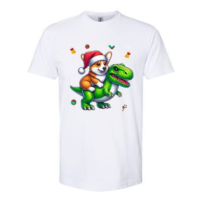 Funny Christmas Corgi Riding Dinosaur Santa Hat Snowflakes Gift Softstyle CVC T-Shirt