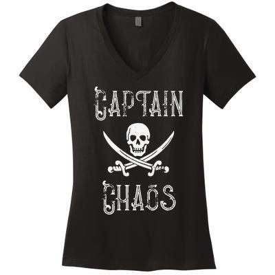 Funny Captain Chaos Retro Pirate Pontoon Boating Women's V-Neck T-Shirt