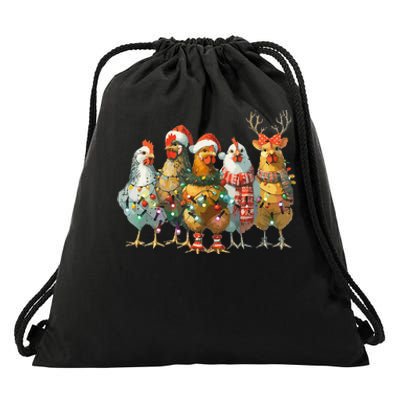 Funny Chicken Christmas Lights Farm Animal Cute Xmas Holiday Drawstring Bag