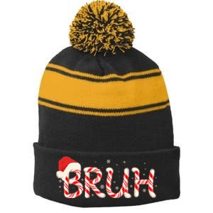 Funny Christmas Candy Cane Bruh Stripe Pom Pom Beanie