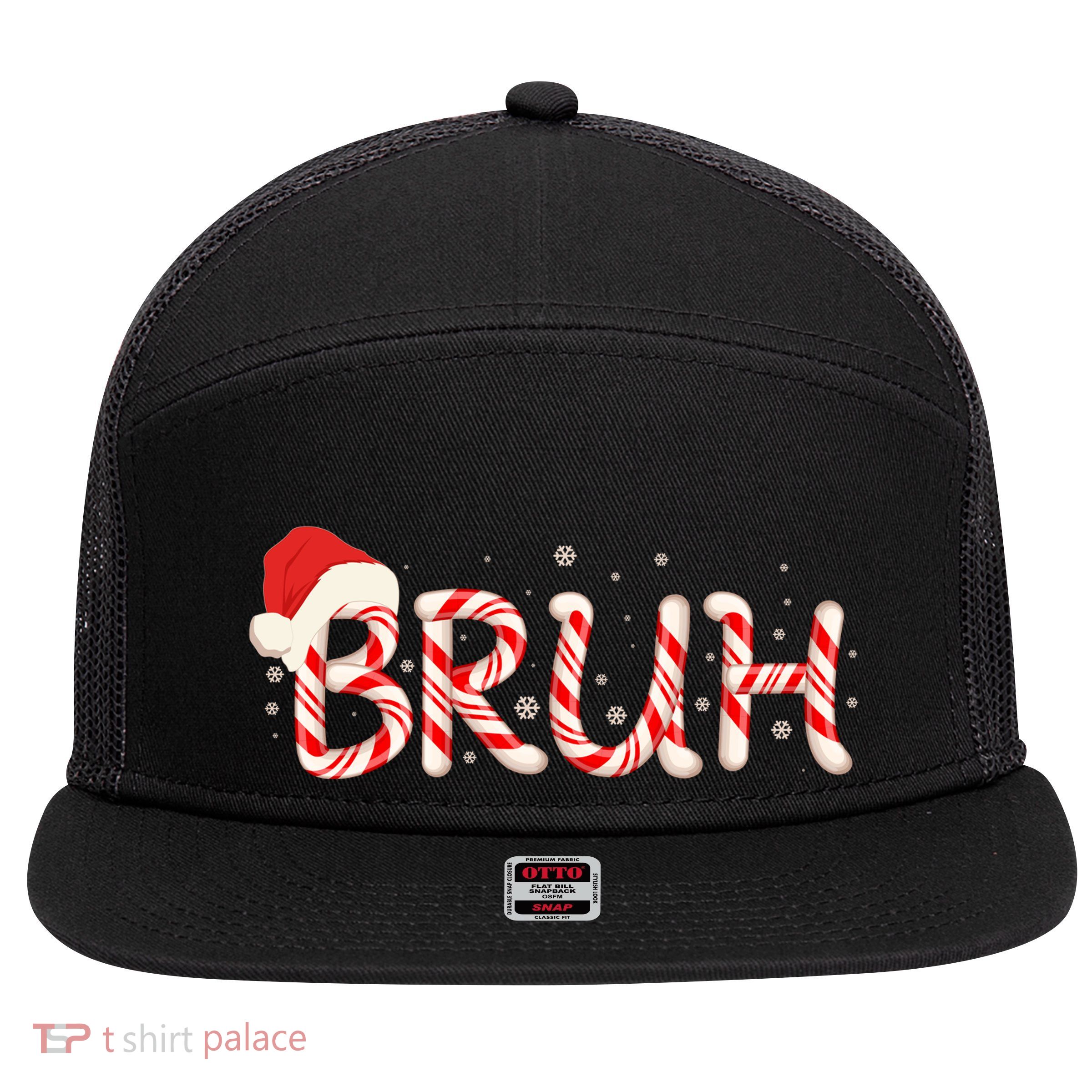 Funny Christmas Candy Cane Bruh 7 Panel Mesh Trucker Snapback Hat