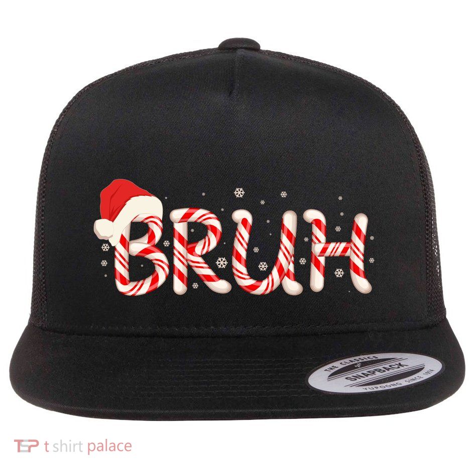 Funny Christmas Candy Cane Bruh Flat Bill Trucker Hat