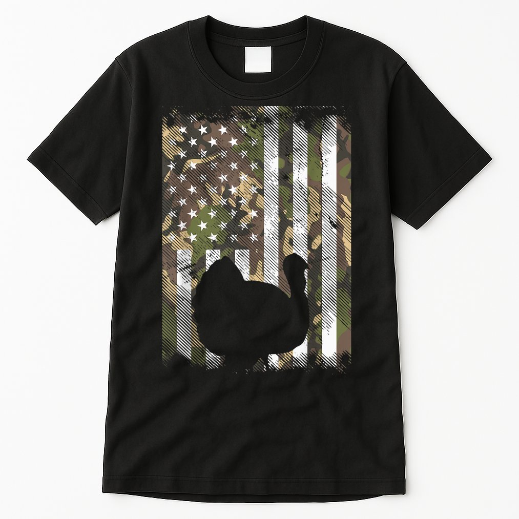 Funny Cute Camo US America Flag Turkey Day Hunting Thanksgiving Tall T-Shirt