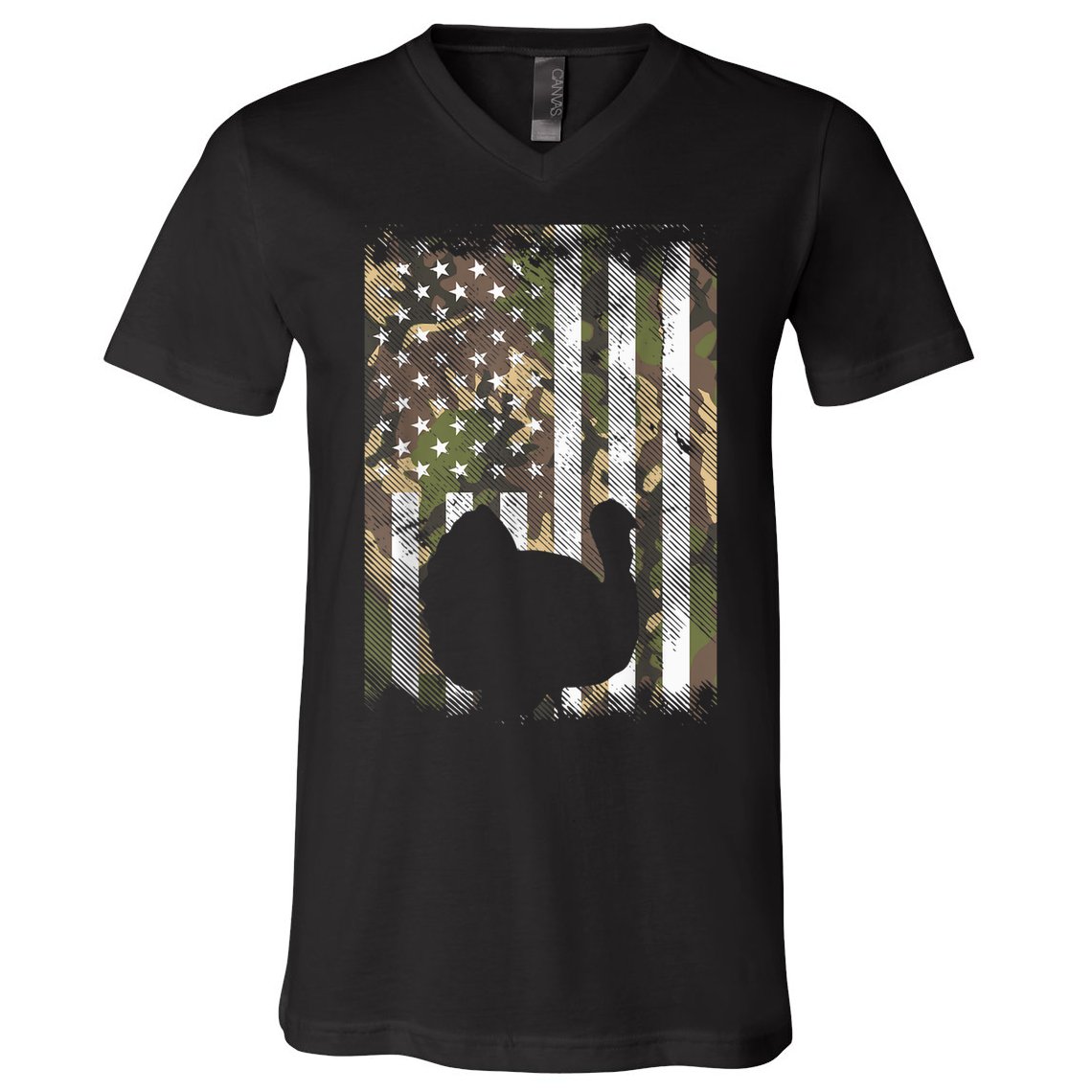 Funny Cute Camo US America Flag Turkey Day Hunting Thanksgiving V-Neck T-Shirt