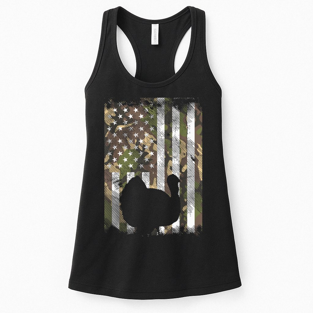 Funny Cute Camo US America Flag Turkey Day Hunting Thanksgiving Womens Tank Top