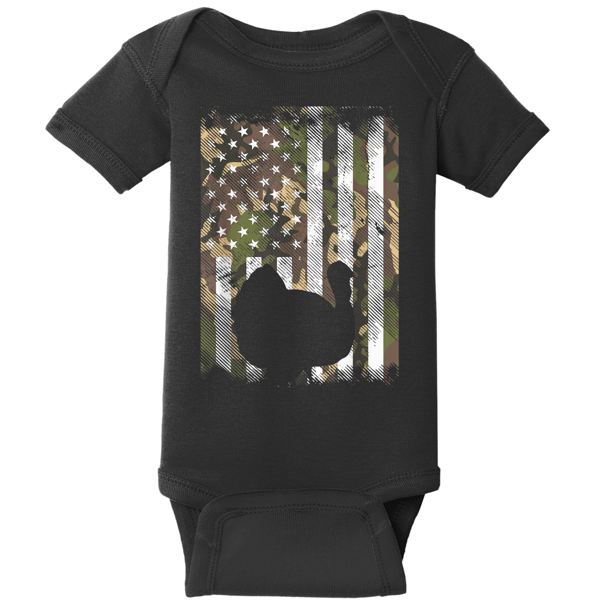Funny Cute Camo US America Flag Turkey Day Hunting Thanksgiving Baby Bodysuit
