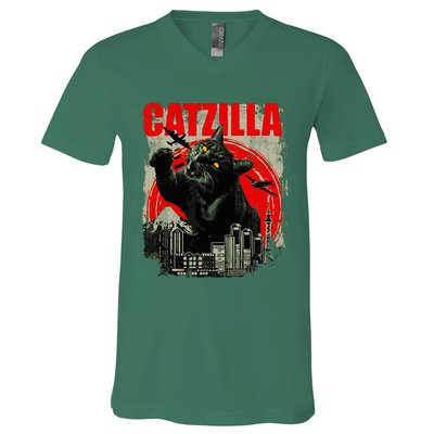 Funny Cat Catzilla V-Neck T-Shirt