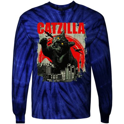 Funny Cat Catzilla Tie-Dye Long Sleeve Shirt