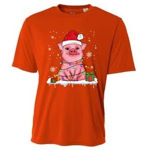 Funny Christmas Cute Santa Pig Light In Snow Lovers Pajamas Funny Gift Cooling Performance Crew T-Shirt