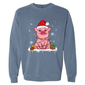 Funny Christmas Cute Santa Pig Light In Snow Lovers Pajamas Funny Gift Garment-Dyed Sweatshirt