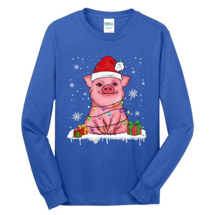 Funny Christmas Cute Santa Pig Light In Snow Lovers Pajamas Funny Gift Tall Long Sleeve T-Shirt