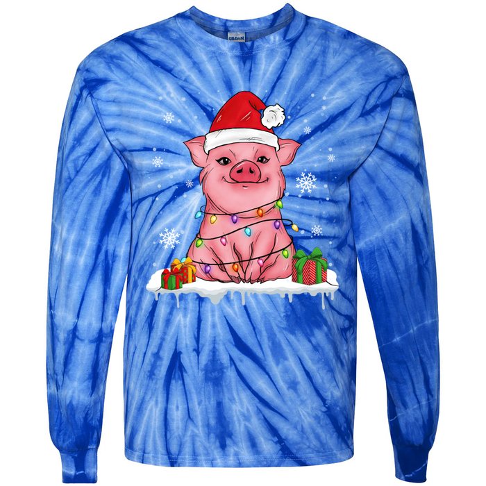 Funny Christmas Cute Santa Pig Light In Snow Lovers Pajamas Funny Gift Tie-Dye Long Sleeve Shirt