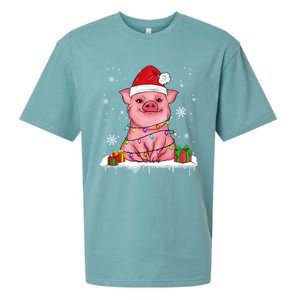 Funny Christmas Cute Santa Pig Light In Snow Lovers Pajamas Funny Gift Sueded Cloud Jersey T-Shirt