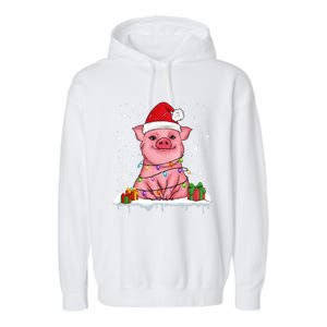 Funny Christmas Cute Santa Pig Light In Snow Lovers Pajamas Funny Gift Garment-Dyed Fleece Hoodie