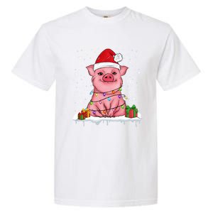 Funny Christmas Cute Santa Pig Light In Snow Lovers Pajamas Funny Gift Garment-Dyed Heavyweight T-Shirt