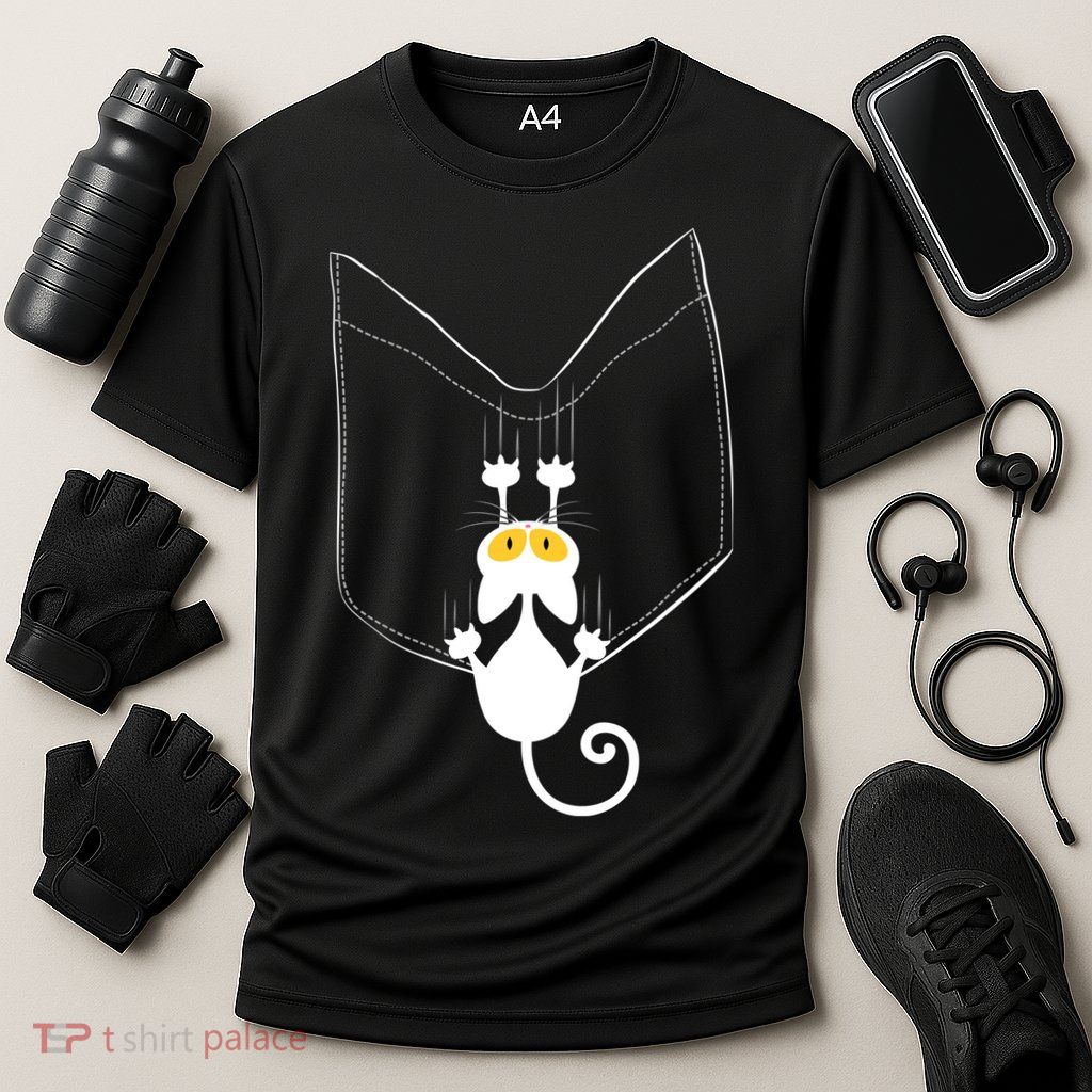 Funny Cute Cat Hanging From Pocket Performance Shirt